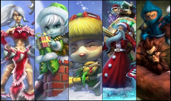 Snow Bunny Nidalee, Earnest Elf Tristana, Happy Elf Teemo, Old Saint Zilean and Sasquatch Nunu