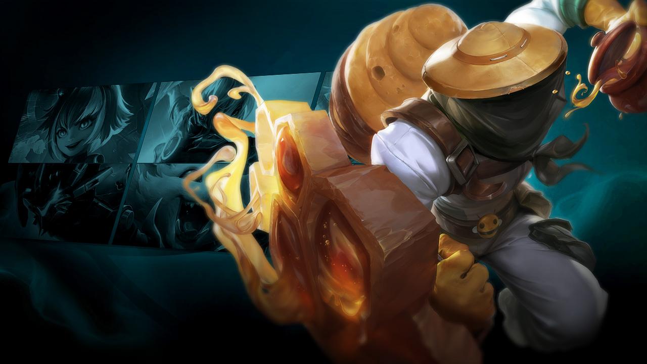 Beekeeper Singed, Super Galaxy Elise, Super Galaxy Nidalee, Super Galaxy Gnar, Super Galaxy Annie and Mecha Rengar