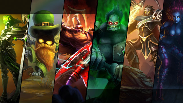 Viridian Kayle, Leprechaun Veigar and Pentakill Mordekaiser plus Sion, Viktor and Evelynn
