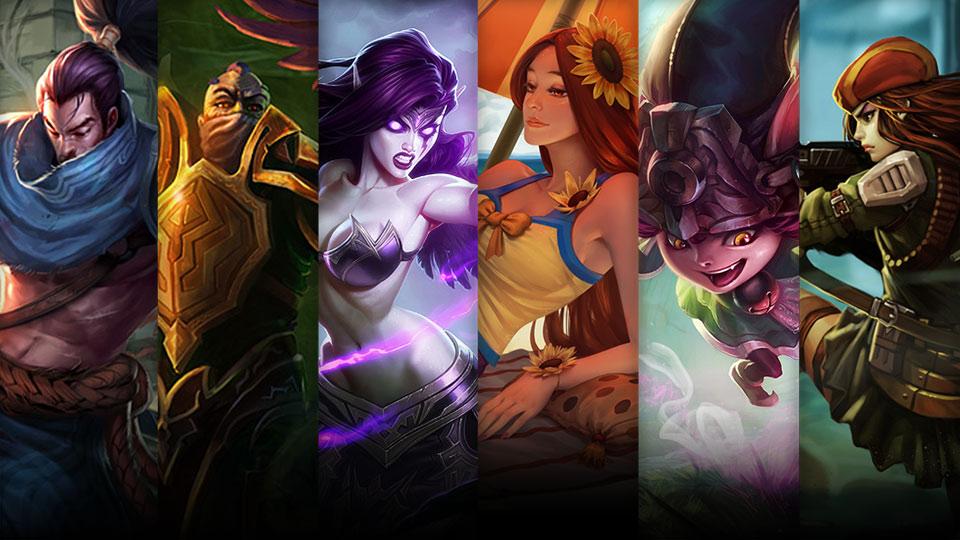 Pool Party Leona, Dragon Trainer Lulu and Resistance Caitlyn plus Yasuo, Swain and Morgana