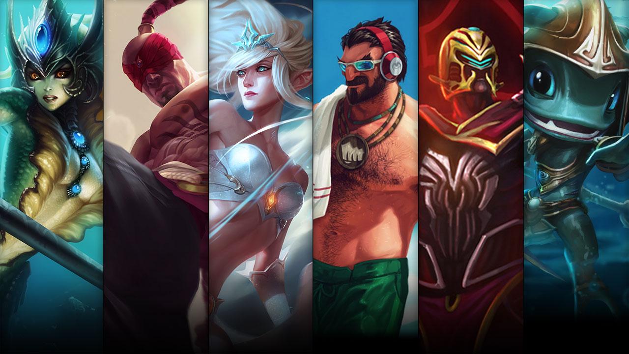 Pool Party Graves, Crimson Elite Talon, Atlantean Fizz and Runeguard Volibear plus Nami, Lee Sin and Janna